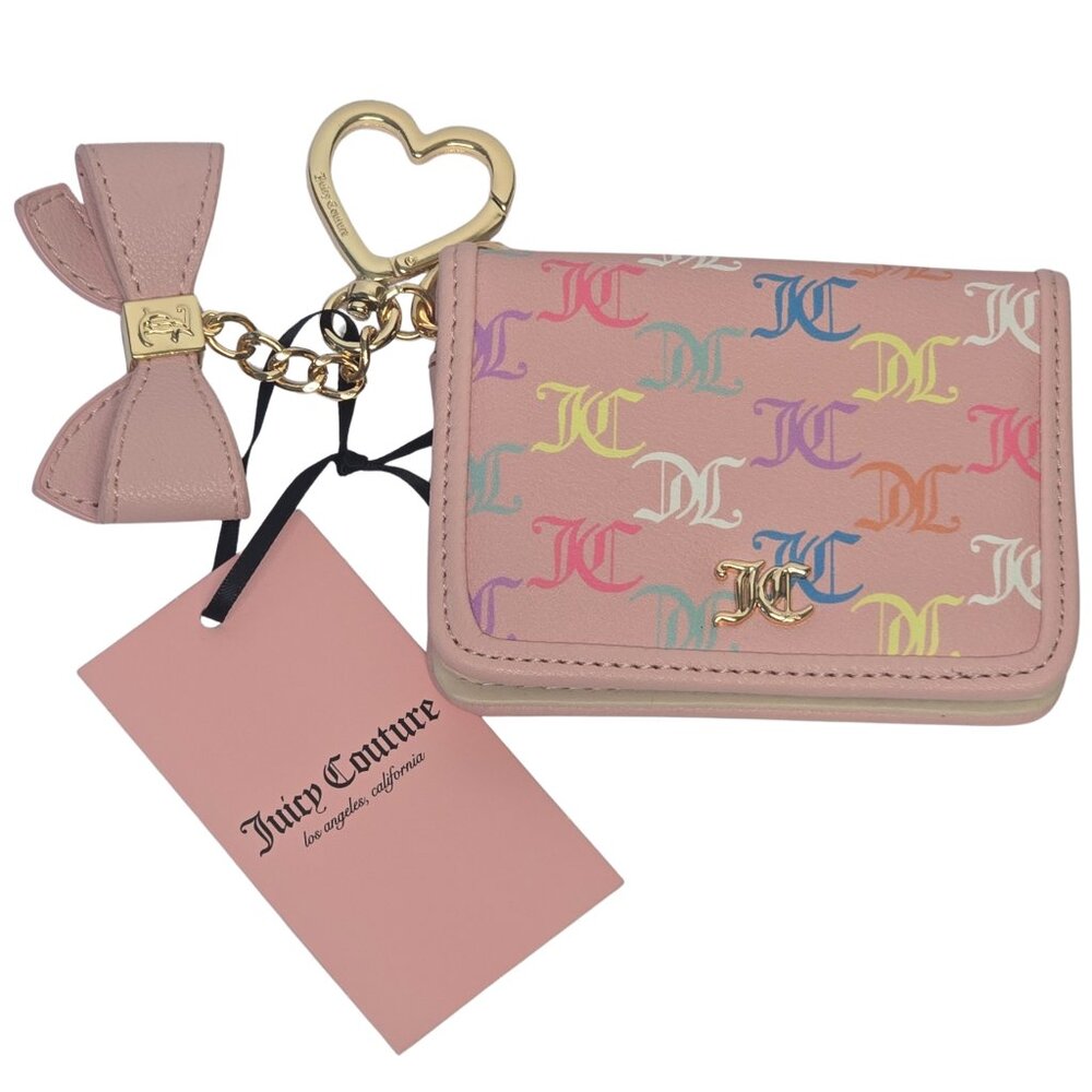 Juicy Couture Card Holder Wallet Pink Multicolor Monogram with Heart Clip & Bow
